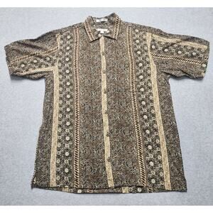 Vintage Geoffrey Beene Washable Silk Shirt Mens M Brown Tribal Batik Camp Shirt